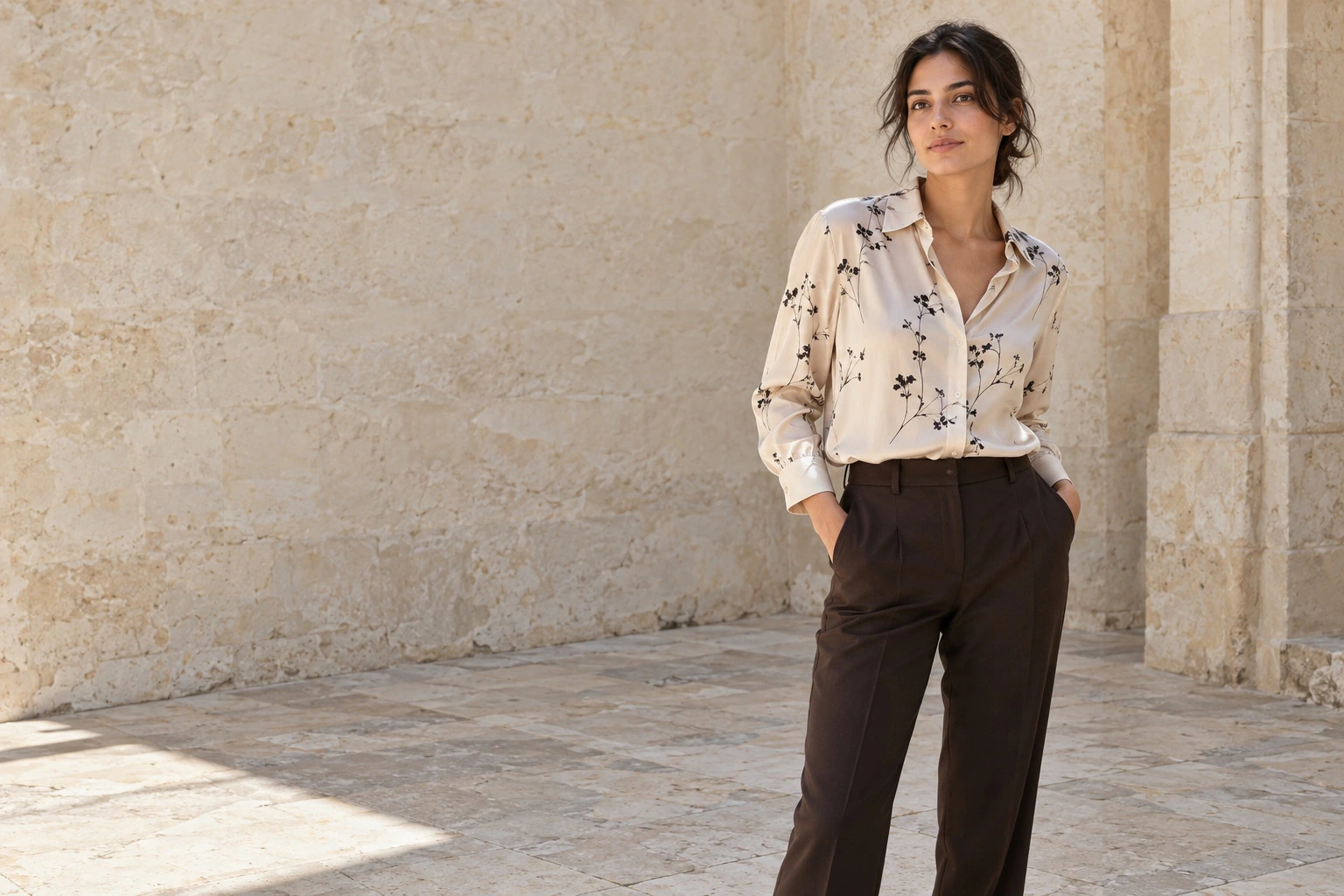 Giydir için çiçek desenli gömlekle doğal moda çekimindeki model