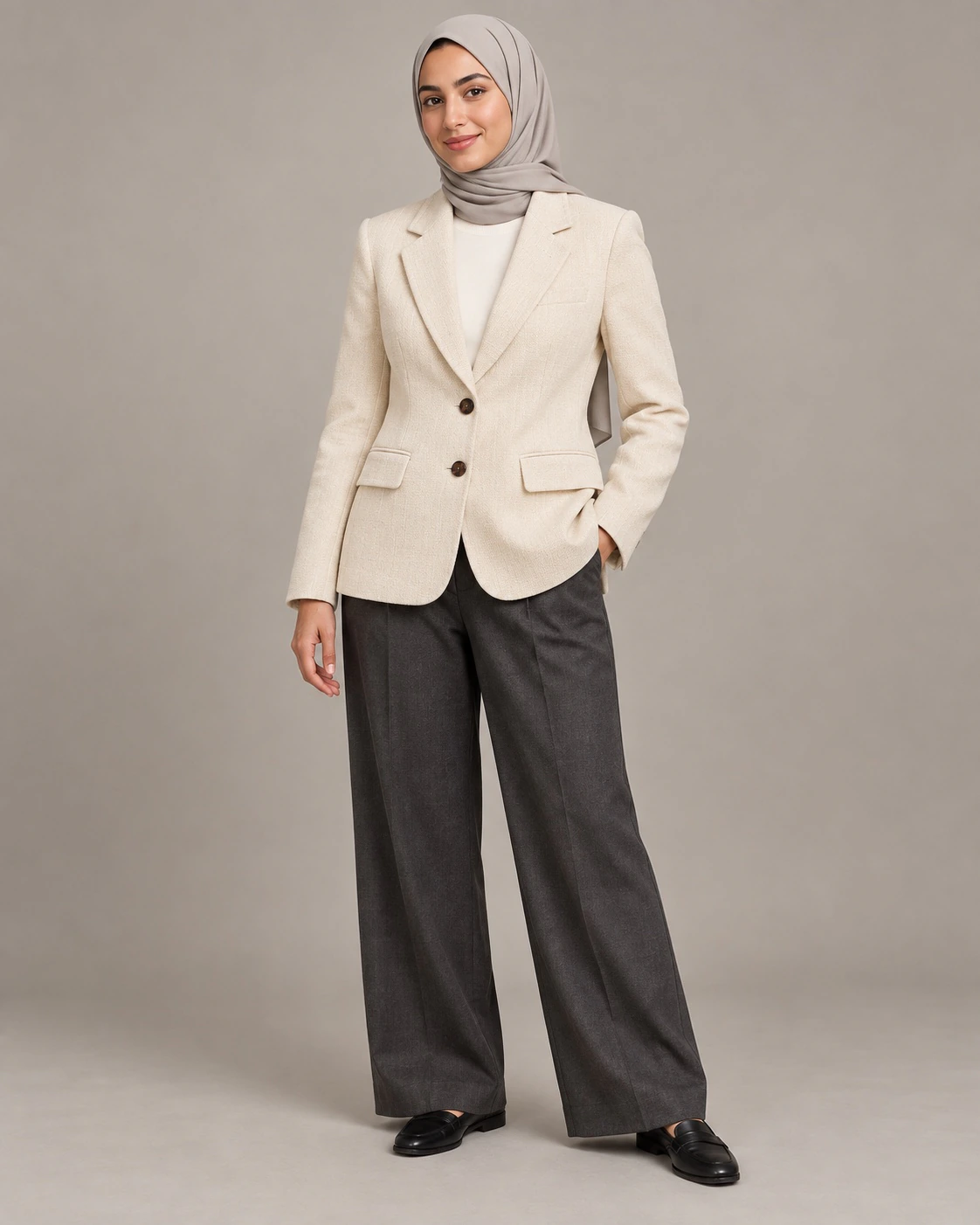 Krem blazer giyen başörtülü model