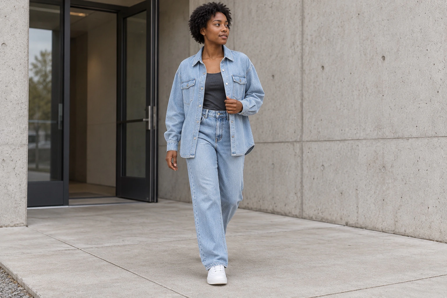 Açık mavi denim takımı giyen modelin dış mekân görseli