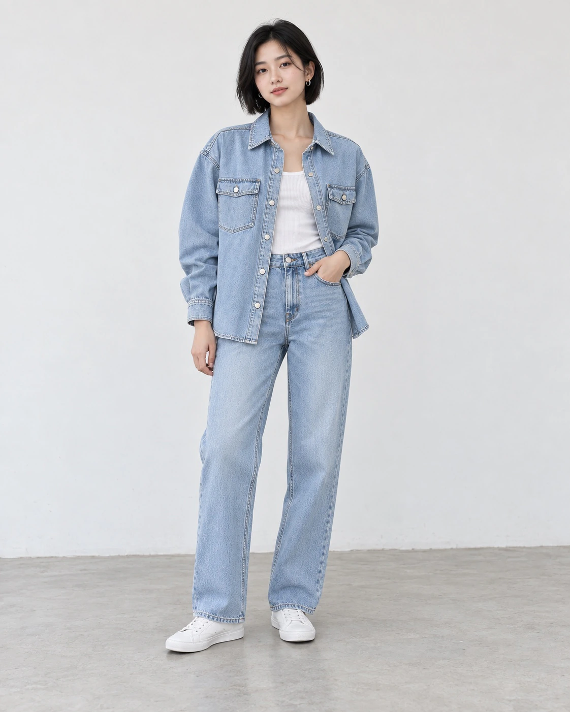 Açık mavi denim takımı giyen modelin stüdyo görseli