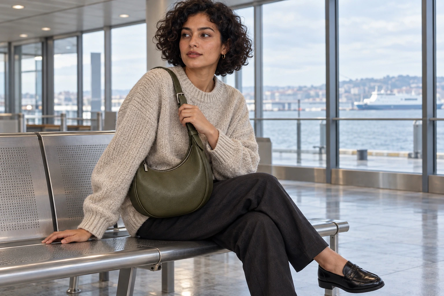 Koyu zeytin crescent çantayı kullanan model