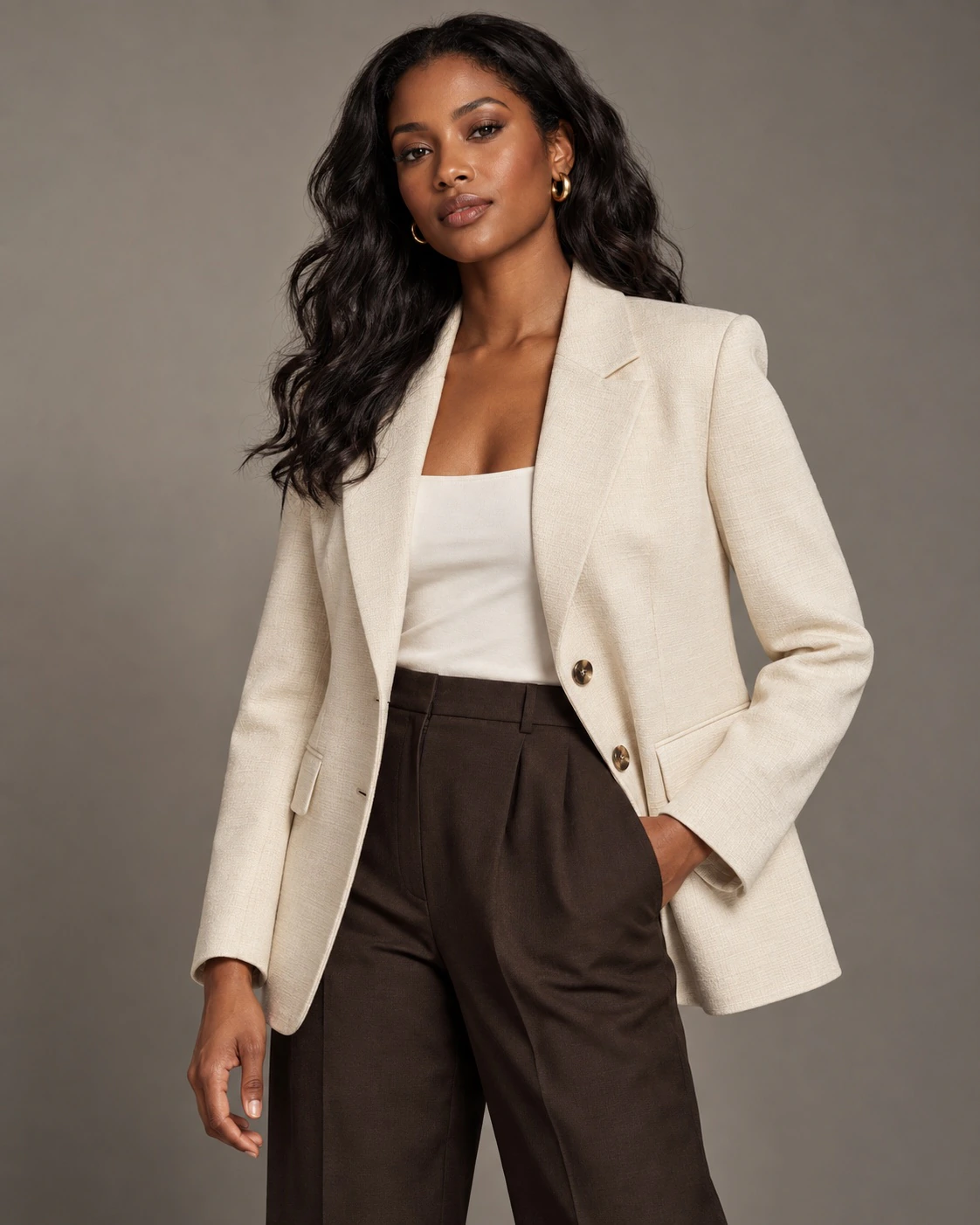 Krem blazer giyen modelin e-ticaret görseli