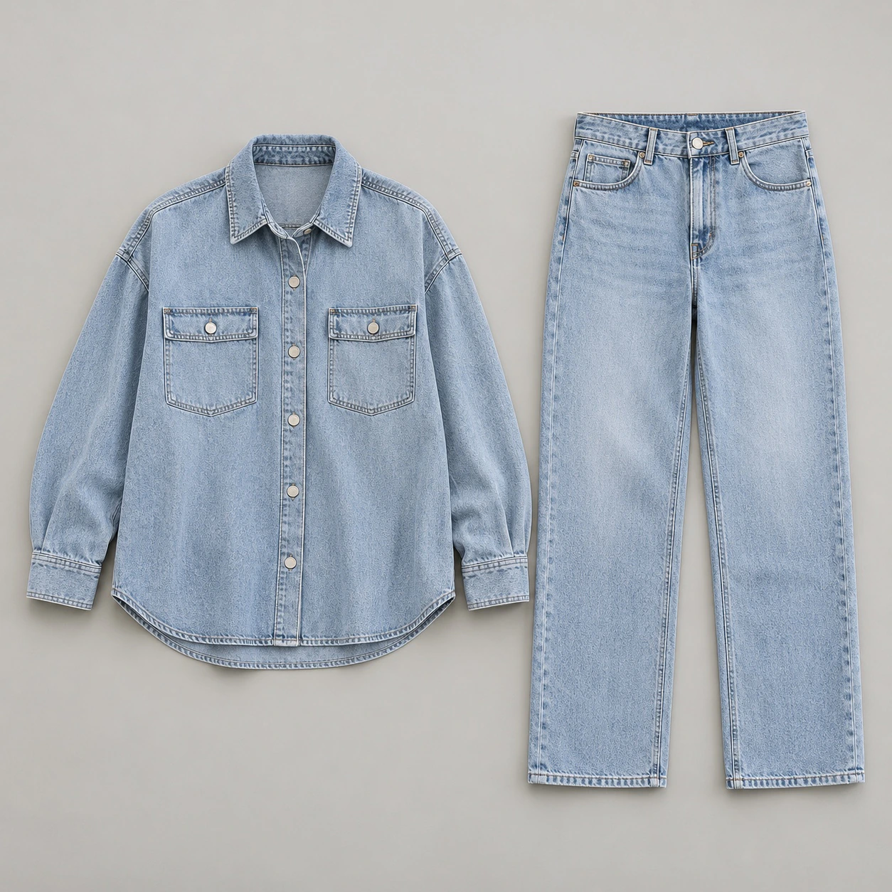 Açık mavi denim overshirt ve jean ürün fotoğrafı