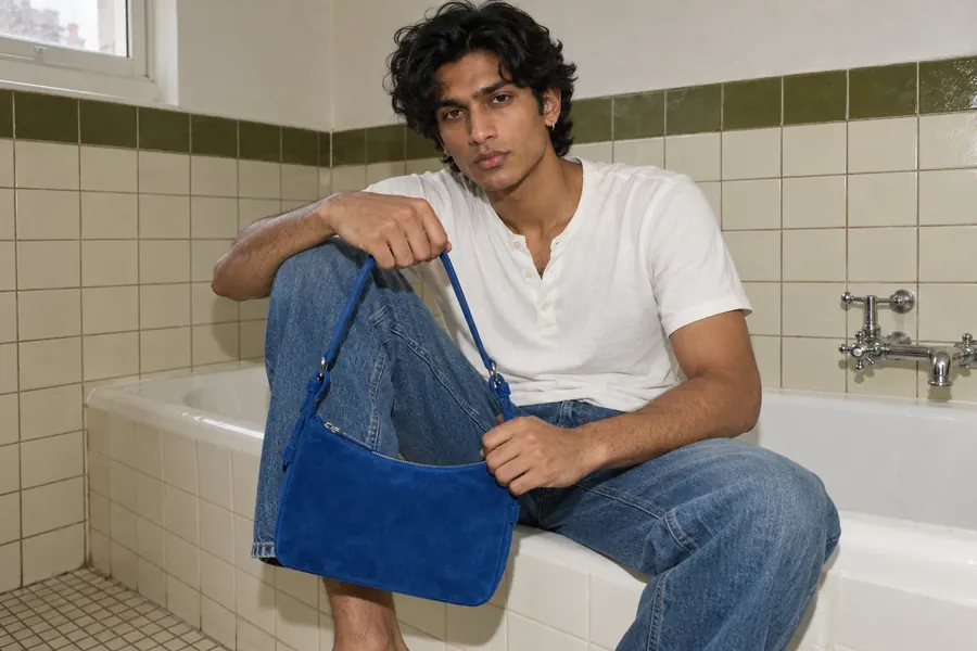 Mavi çantayı elinde tutan model, sade banyo mekânında